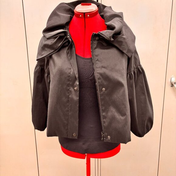 Samuel Dong Black cropped Pouf Sleeve Jacket Ruffle collar Zip/Snap Closure Sz S - Picture 7 of 14